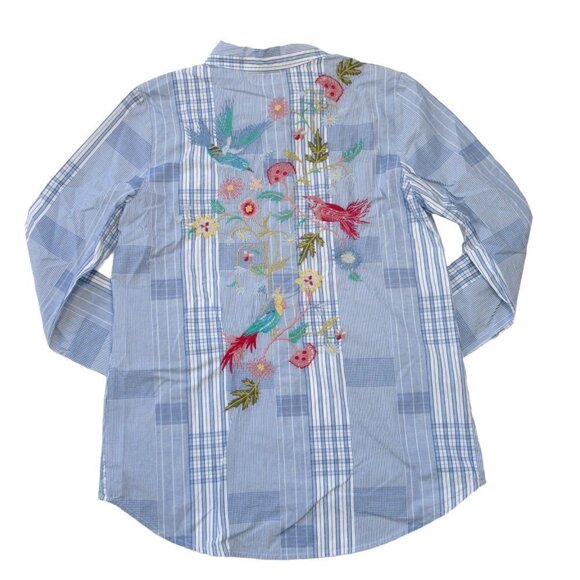NWT Johnny Was Workshop Zanzibar Shirt in Blue Plaid Embroidered Pearl Snap S - Picture 8 of 8